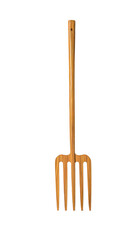 A close up image of a simple wooden four pronged hand rake