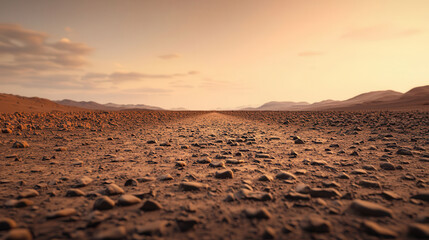 rocky Martian landscape under warm, orange sky stretches into distance