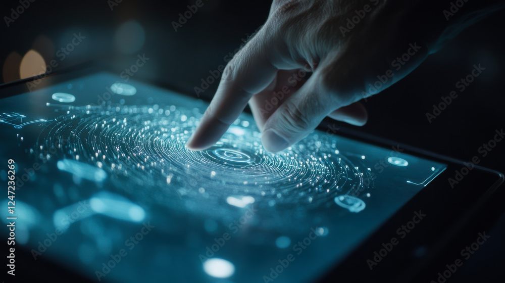 Poster touchscreen technology illustrates intricate galaxy design with glowing patterns and data visualizat