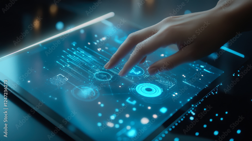 Poster touchscreen technology illustrates intricate galaxy design with glowing patterns and data visualizat