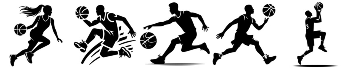vector set of silhouettes of men playing basketball