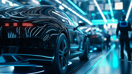 A futuristic automotive manufacturing plant, where human engineers and robotic systems work side by side to assemble the latest electric vehicles.