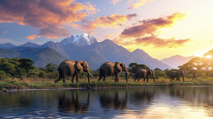Naklejka premium Majestic elephants walking by serene lake at sunset, surrounded by mountains