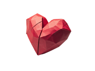 A meticulously folded red origami heart showcases geometric shapes and intricate paper folding techniques.