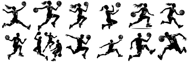 vector set of silhouettes of men playing basketball
