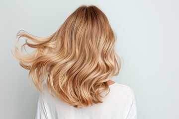 Naklejka premium Back view of wavy blonde hair, minimalistic neutral backdrop, copy space for text, healthy shiny locks, simple casual style, modern haircare concept, relaxed natural look