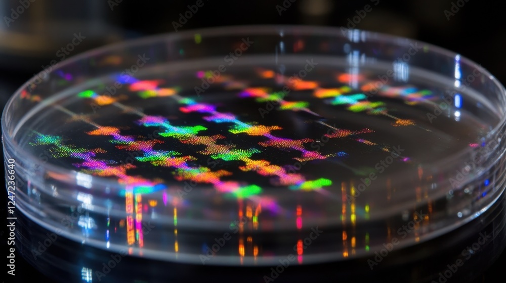 Poster colorful light patterns reflect on a clear petri dish, creating a mesmerizing display of iridescent 