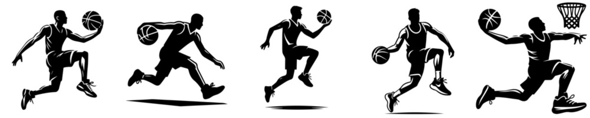 vector set of silhouettes of men playing basketball