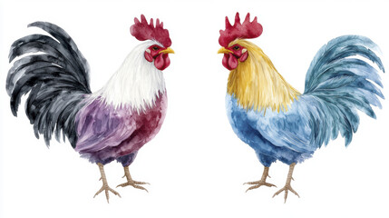 Fototapeta premium Regal roosters with vibrant plumage, showcasing striking colors and elegant feathers