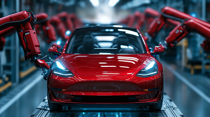 A futuristic electric vehicle being meticulously assembled by a fleet of robotic arms in an ultra-modern, high-efficiency production facility.