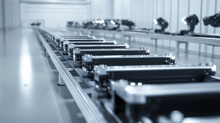 Obraz premium A high-speed conveyor line transporting car frames through a sequence of robotic workstations, where arms rapidly assemble parts with unmatched precision.