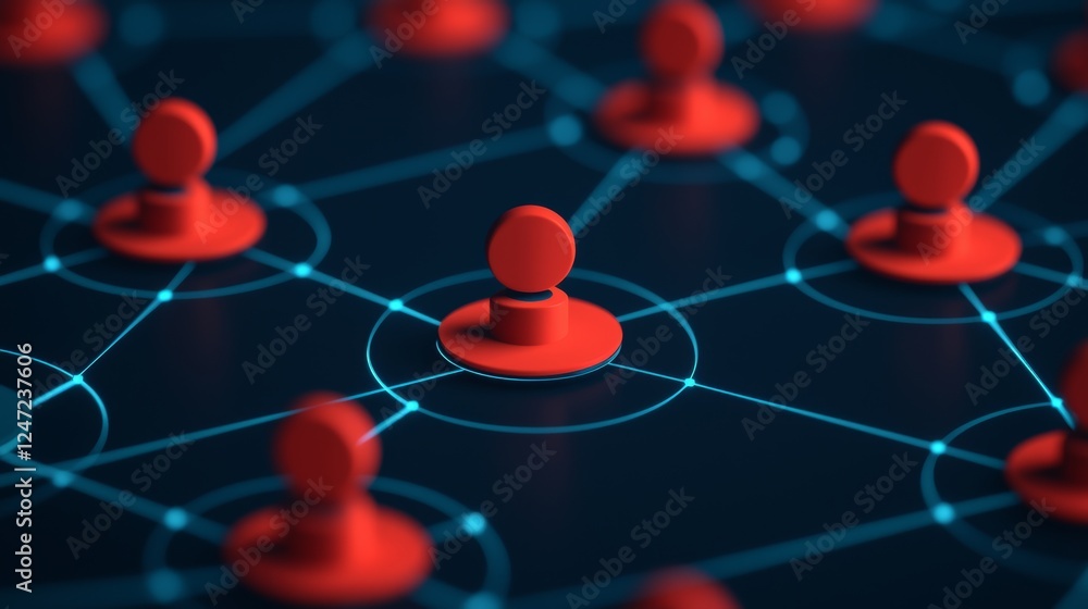 Poster interconnected design of red symbols on dark surface representing network relationships