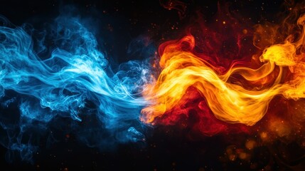 Fire and ice swirl, dark background, energy concept