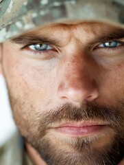 Obraz premium Young male soldier in uniform with focused expression isolated on white background emphasizing determination and duty