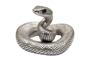 Fototapeta premium Coiled silver snake sculpture with detailed scales isolated on white transparent background, reptiles or wildlife, symbolizing Chinese Lunar New year
