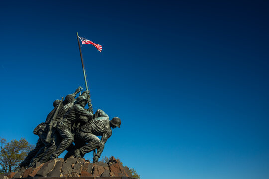 20 November 2022 - Arlington, VA, USA: US Marine Corps War Memorial Iwo Jima on a sunny Day with blue Sky; plenty Copyspace