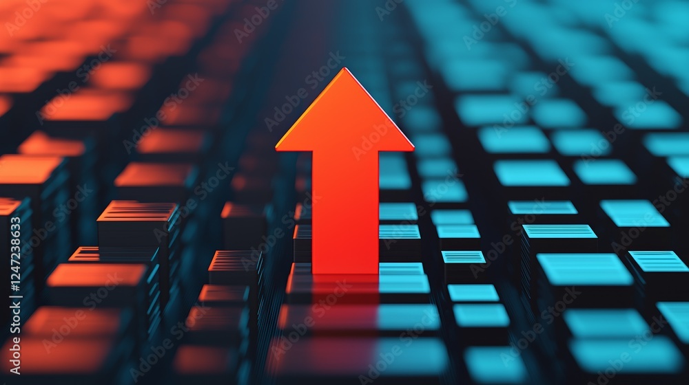 Poster vibrant arrow encased in a digital grid of colorful cubes and blocks