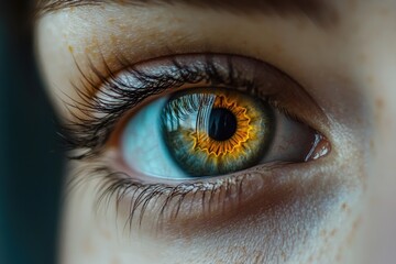 Fototapeta premium Close examination of a vibrant, colorful human eye showcasing striking details