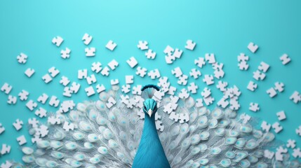 Dazzling Peacock Display Among Vibrant Puzzle Pieces on Aqua Background