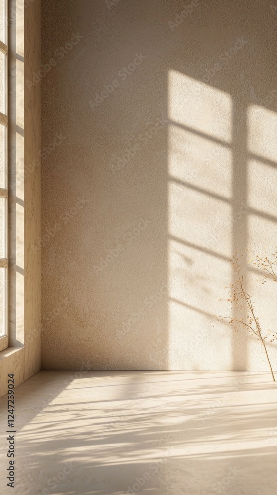 Poster Sunlight streams through large windows, casting beautiful patterns on a simple wall. The tranquility of the space invites calmness, showcasing a blend of light and shadow