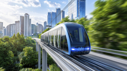 Fototapeta premium Futuristic urban train speeding through green cityscape with skyscrapers
