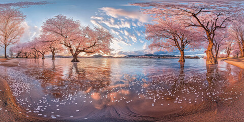 Fototapeta premium serene landscape featuring cherry blossom trees reflecting in calm water, with vibrant sky and scattered petals creating tranquil atmosphere
