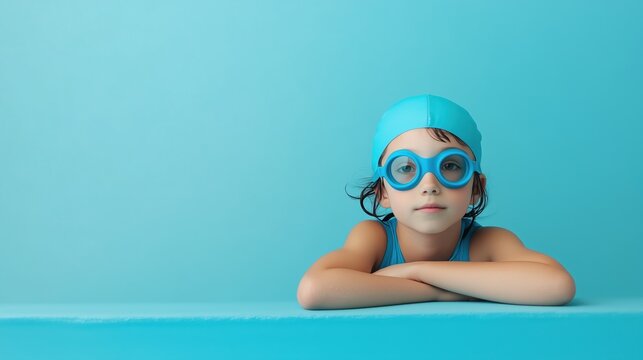Ready for a Splash: A young swimmer with a determined gaze and a blue swim cap and goggles, poised on the edge of a pool, exudes an aura of quiet confidence and preparation.
