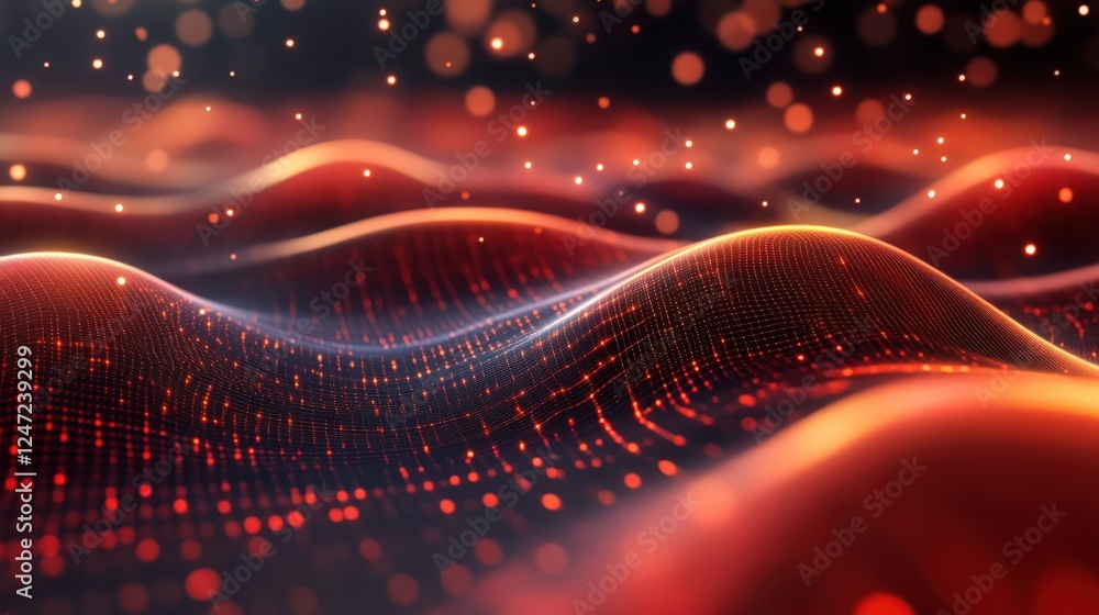 Poster abstract digital landscape with glowing nodes and wave patterns