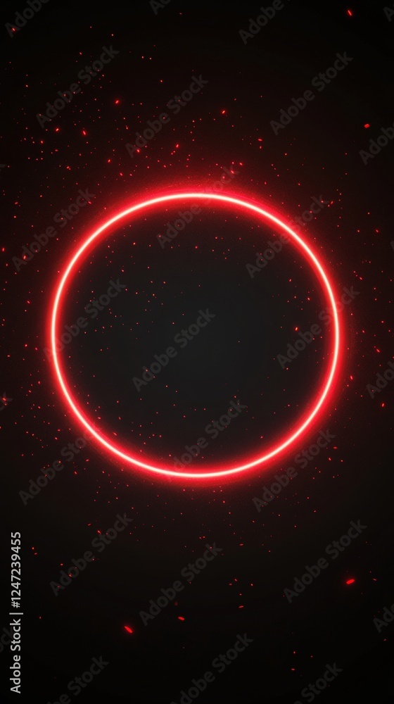 Poster glowing red neon circle with particle effect on dark background, futuristic abstract concept