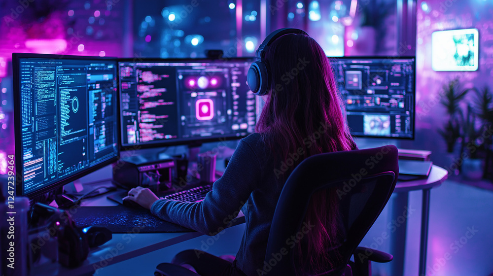 Aufkleber a female software developer working in a sleek, cyberpunk-inspired office, illuminated by the blue a
