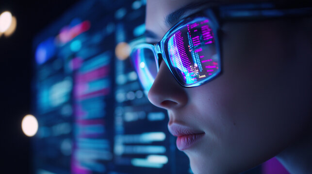 A close-up of a female coder&acirc;s hands typing on a backlit keyboard, multiple screens filled with colorful programming scripts reflecting in her glasses.