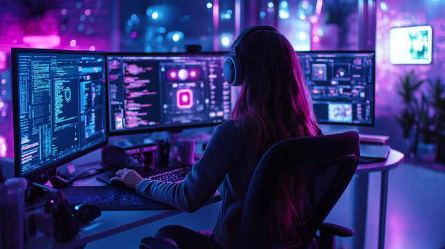 A female software developer working in a sleek, cyberpunk-inspired office, illuminated by the blue and purple glow of multiple monitors displaying UI designs and AI models.