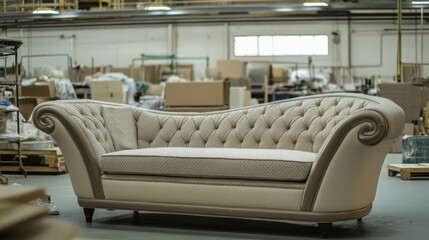 Elegant Chesterfield sofa in a furniture factory setting, ready for delivery