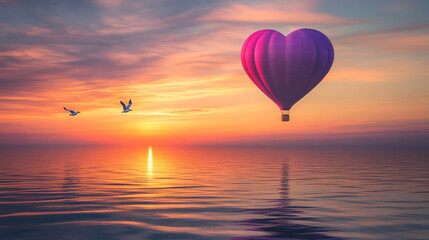 Obraz premium Heart-shaped hot air balloon over ocean at sunset with flying birds, dreamy escape and romance concept