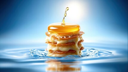 Deliciously dripping honey on layered pancakes culinary wonderland food photography serene water reflection close-up view gastronomic delight