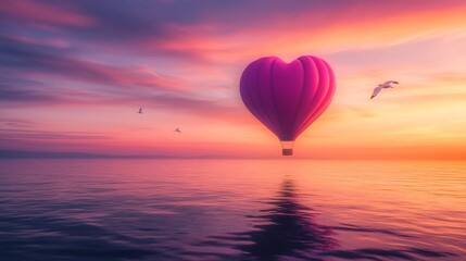 Fototapeta premium Heart-shaped hot air balloon over ocean during sunset with birds flying nearby, romantic travel and adventure concept