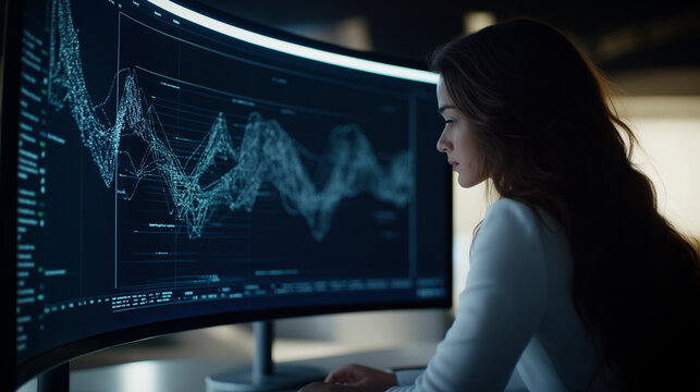 A female data scientist analyzing big data visualizations on a curved monitor, her workspace glowing with analytical graphs, statistics, and Python scripts.