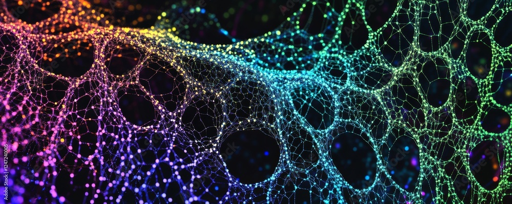 Poster colorful abstract network structure with glowing nodes, digital communication concept