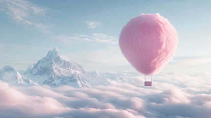 Fototapeta premium Pink fluffy hot air balloon over snowy mountains and clouds, whimsical adventure concept