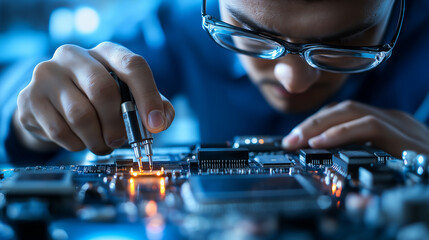 A technician wearing magnifying glasses examines a microchip on a circuit board, carefully placing multimeter probes to measure voltage, with a digital oscilloscope analyzing signa