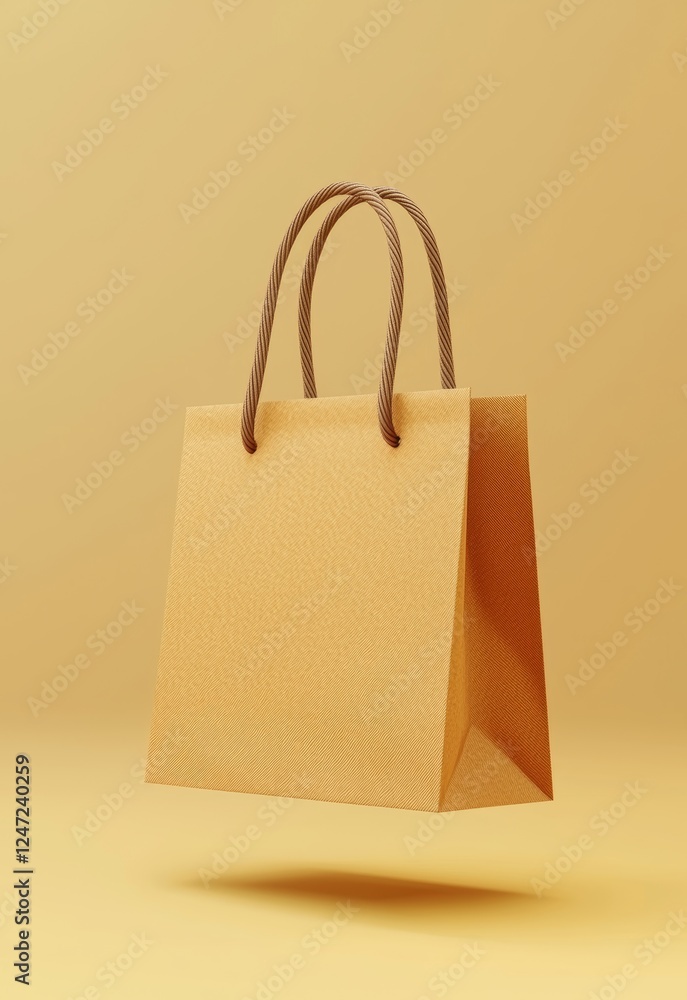 Poster floating 3d blank paper bag with twisted handle on minimalist background