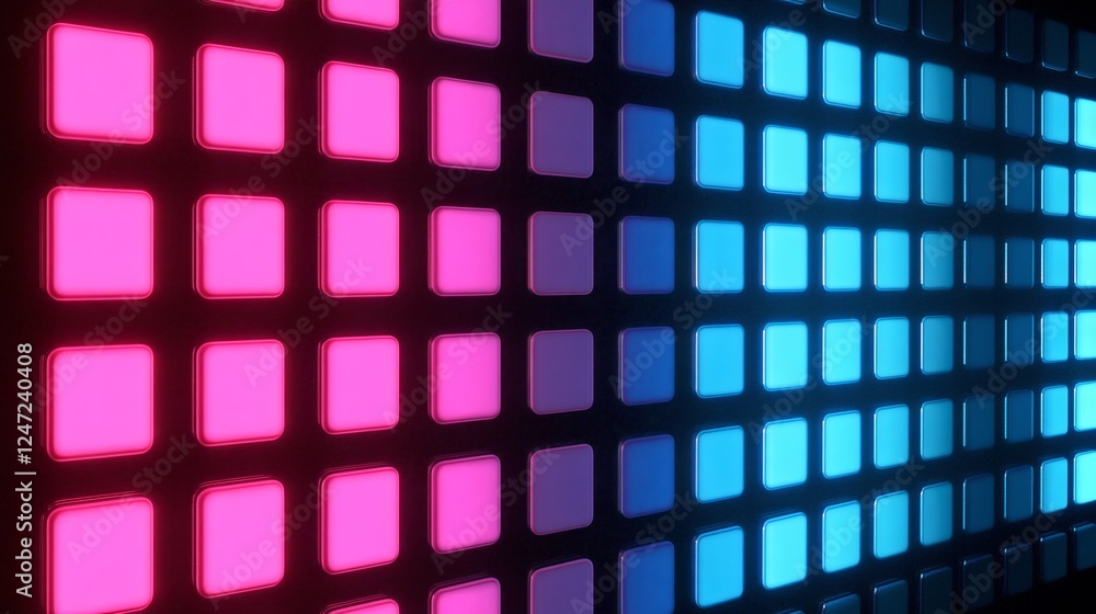 Poster led square lights in pink and blue gradient pattern, futuristic digital display and technology conce