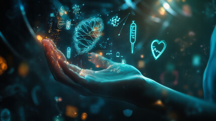 Digital hands showcase holographic health data and futuristic technology at night