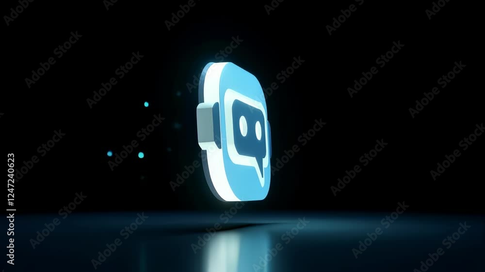 Poster futuristic animation featuring a glowing chatbot icon rotating on a sleek black backdrop, highlighti