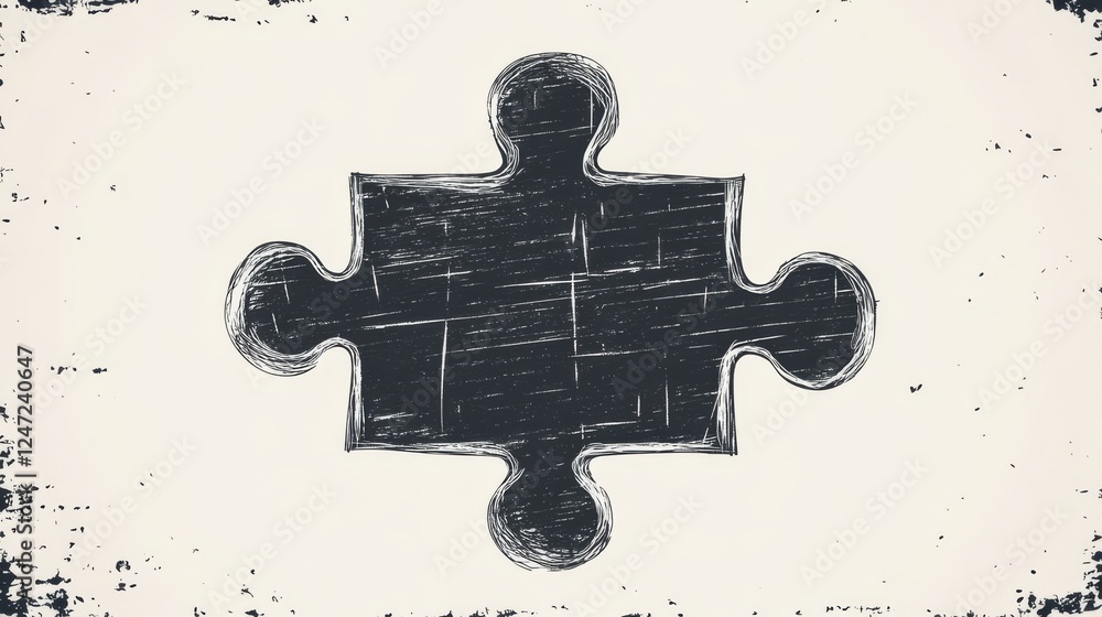 Poster single black puzzle piece on a textured white background, abstract concept of problem solving and co