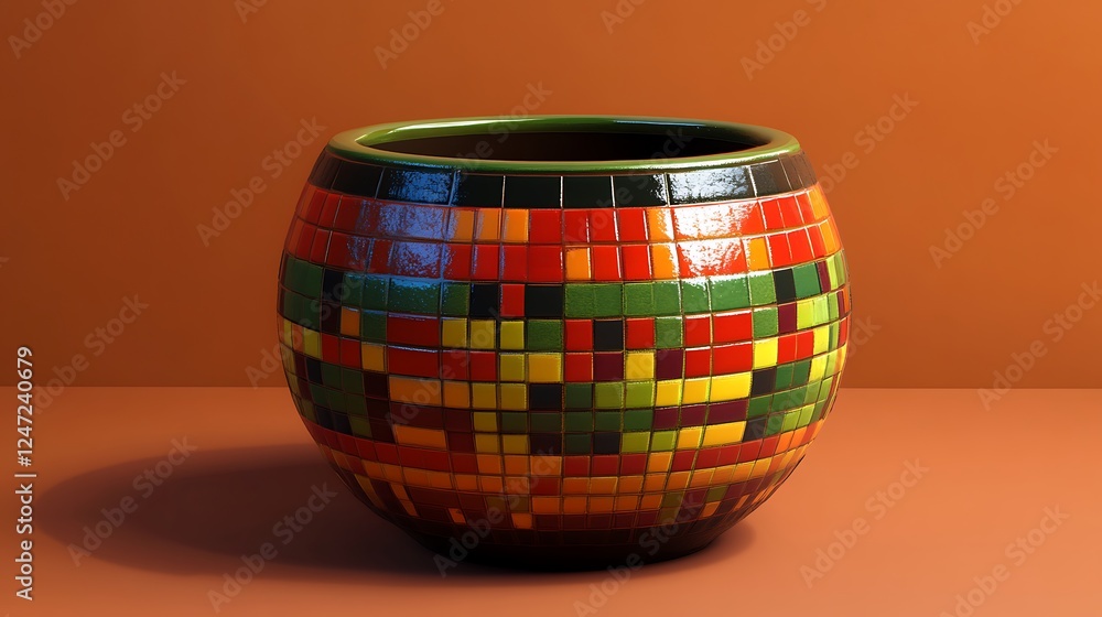 Poster a pot with a pixelated pattern in contrasting colors for a digital look