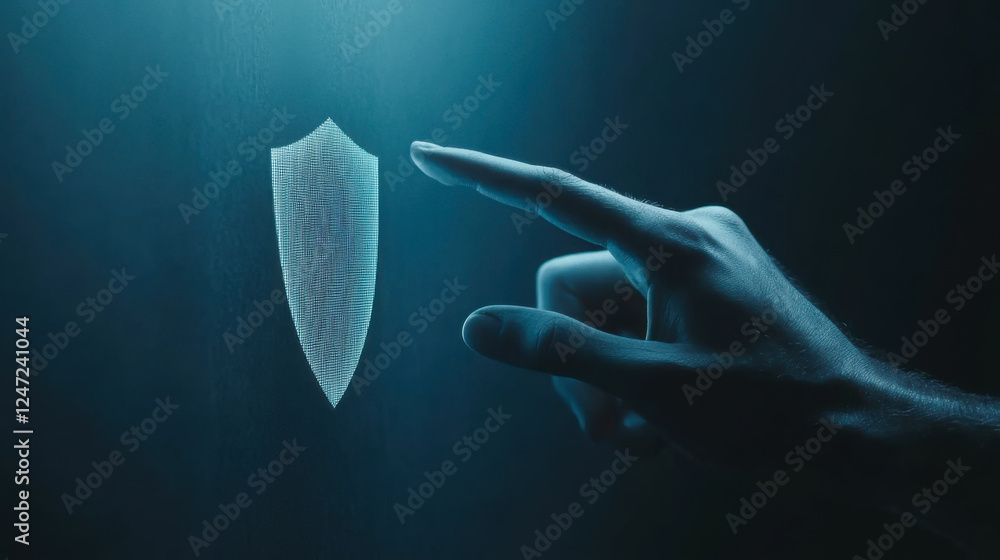 Poster hand touching a glowing shield symbol in a dark environment with a focus on digital security concept