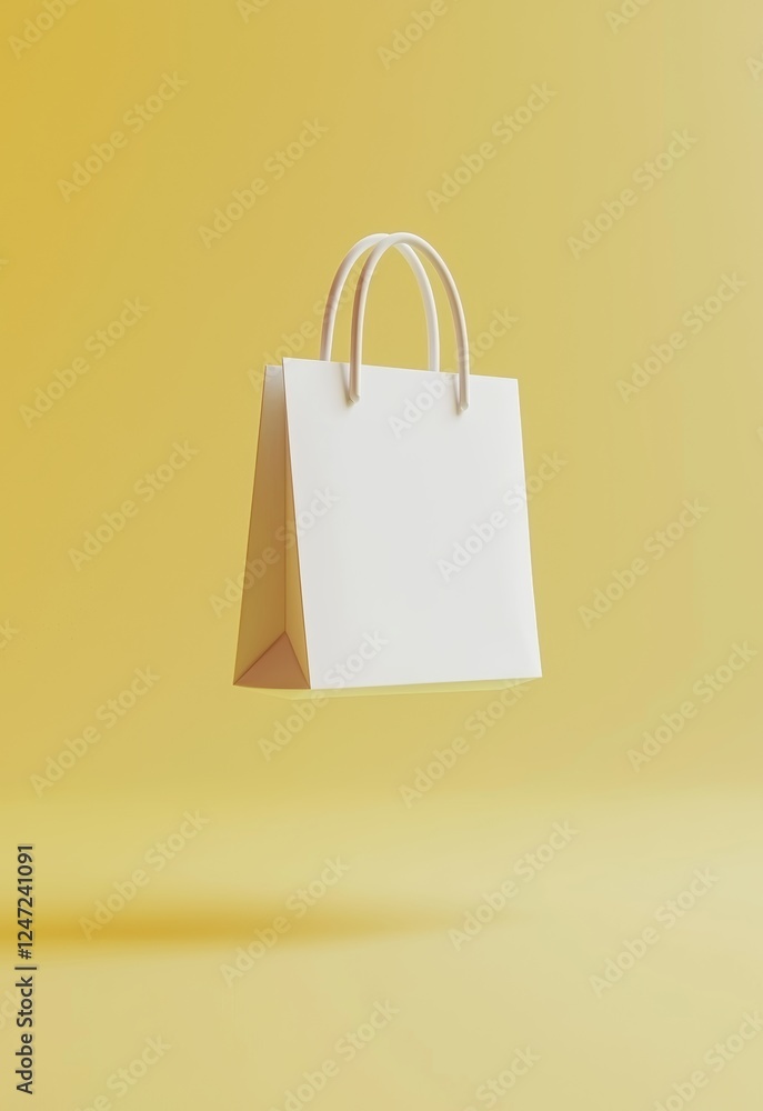 Poster minimalist 3d rendering of floating blank paper bag against yellow background