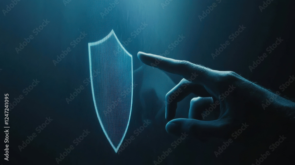 Poster hand touching a glowing shield symbol in a dark environment with a focus on digital security concept