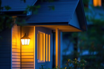 Warm glow of a porch light illuminating a cozy house at night